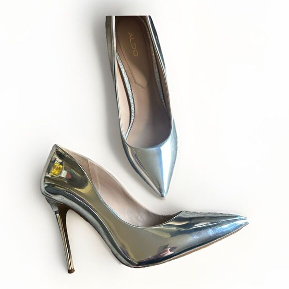 Aldo Metallic Silver Pointed Toe Pump Heel Size 8 Shiny Monochromatic Stiletto - Picture 13 of 13